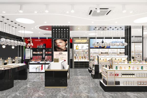 Beauty Shop Interior Design Black Gold Laminated Board Cosmetic Display Rack for Retail Store Display and Skincare Shop Decoration