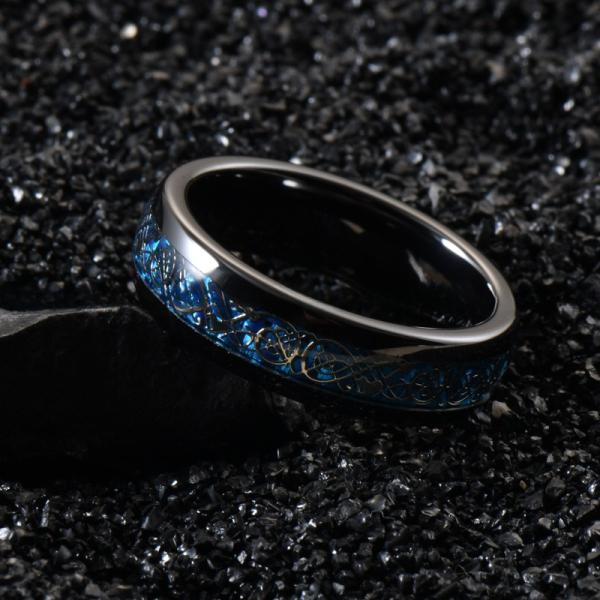 Dome Black Ceramic Wedding Band 6mm Blue Carbon Fiber And Dragon Inlayed Polished