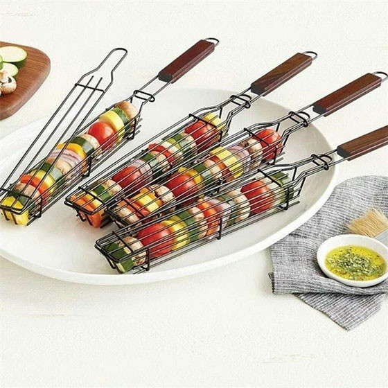 Nonstick деревянный Kabob корзины гриля БАРБЕКЮ ручки жаря корзины