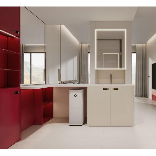 Acentos de color beige y rojo de acero inoxidable