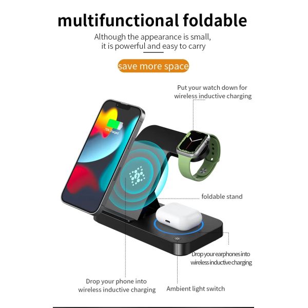 15W Fast Wireless Charging 3 1 For Stand Charger Station Holder Mobile Phone Watch Cell Phone Fold Thin Charger
