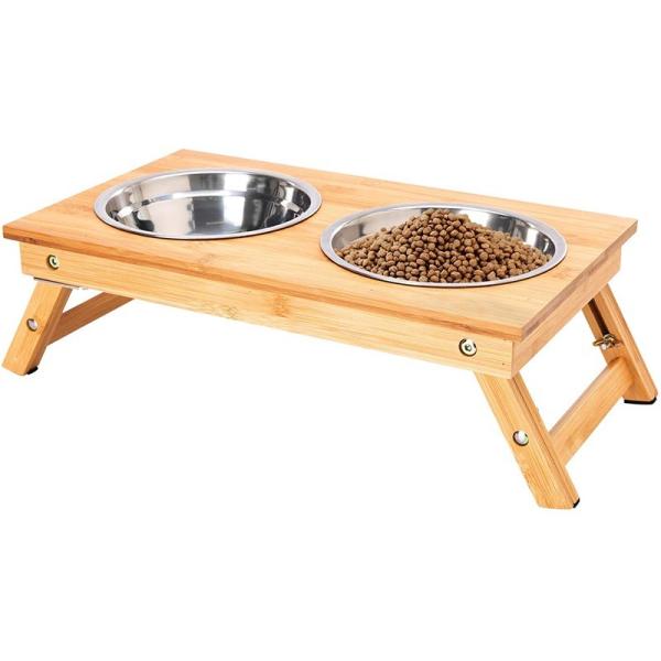 Single Tier Sustentável Bambú Dobrável Pet Feeder Antiderrapante Duas Copas para Sustentável