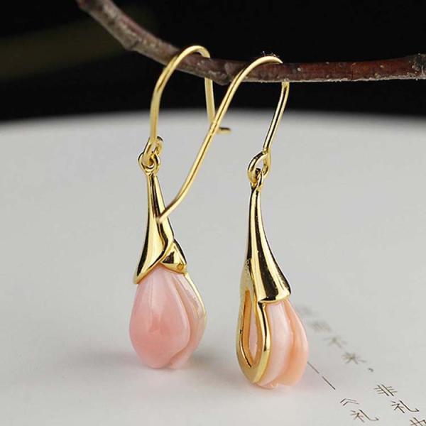 18K Gold Plated Sterling 925 Silver Pink Shell Sculptured Tulip Drop Earring (EZ760003E)