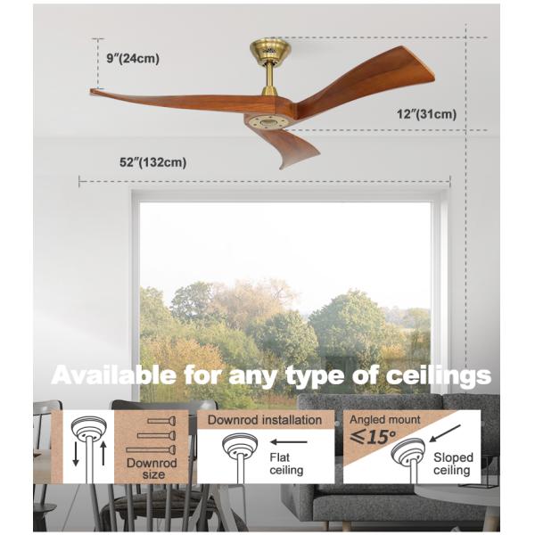Ventilador de teto moderno de metal dourado com controle inteligente e temporizador Sim As lâminas de madeira incluídas