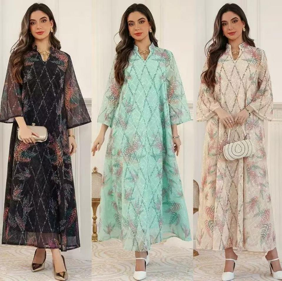 AB511  Middle Eastern Modest Wear Geometric Leaf Print Chiffon Abaya (3 Colors)