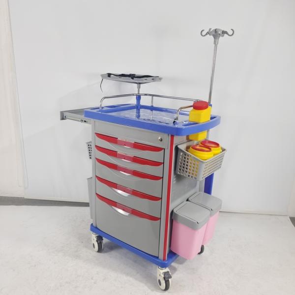 Emergency Crash Cart with 5 Drawers Defibrillator Platform IV Pole