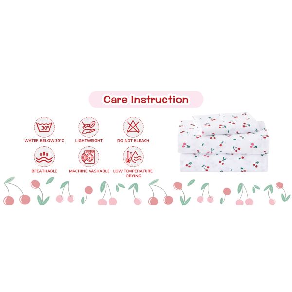 Kids Twin Sheet Set with Little Cherry Pattern,Breathable Silky Soft Microfiber Sheet Set