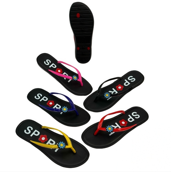 EVA Women Black Sole SPORT Letter Print Flip Flops With Flower Decoration