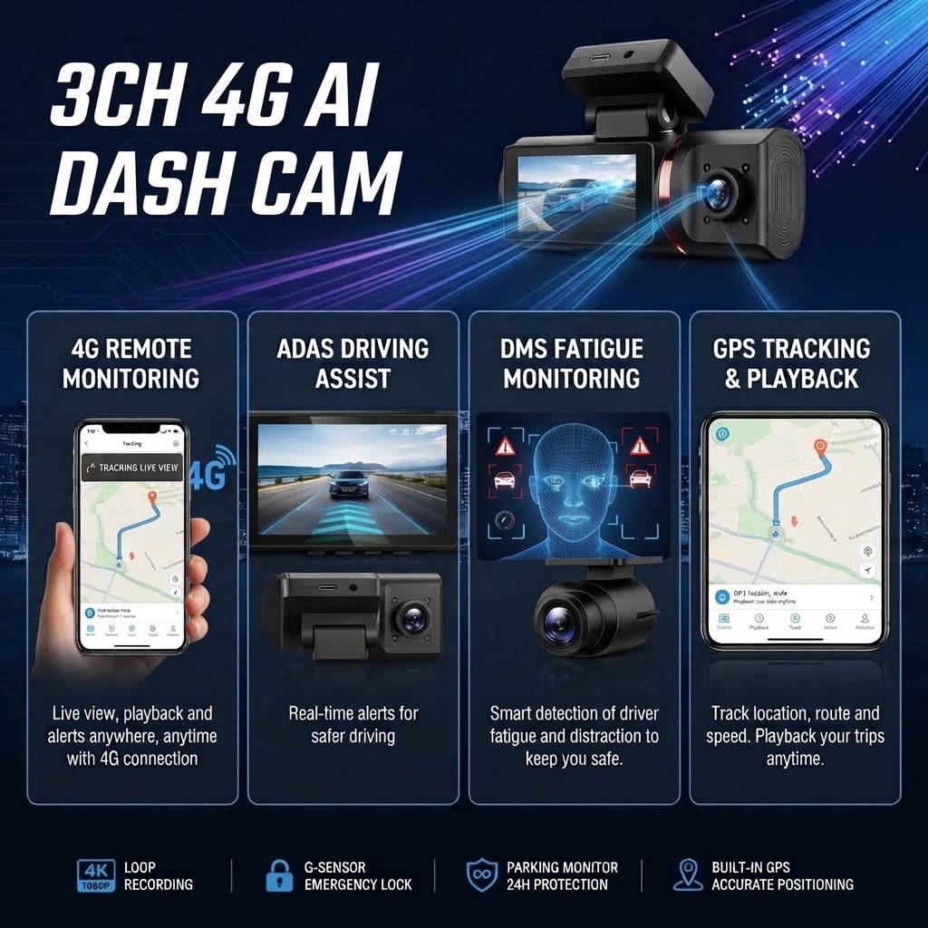 3 Channel 4K Dash Cam Front Rear Inside with 4G Remote Monitoring DMS ADAS GPS Fleet Management Vehicle DVR