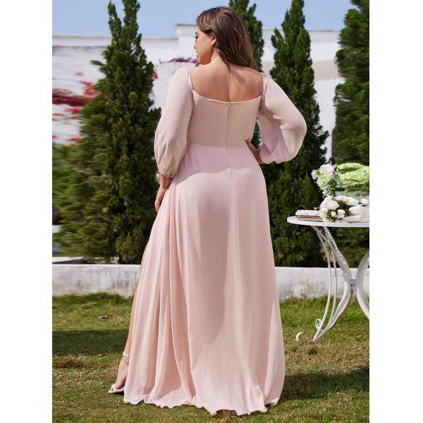 Plus Size Ruffled Sweetheart Neck Long-sleeved High Slit Pink Chiffon Off-shoulder Bridesmaid Dresses 