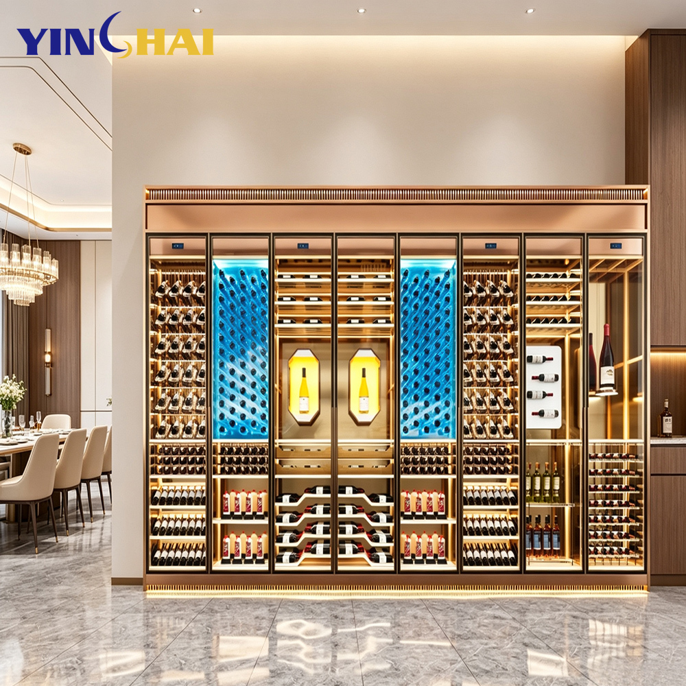 Full Wall Multi Door Wine Cellar Gold Frame LED Large Capacity Display
