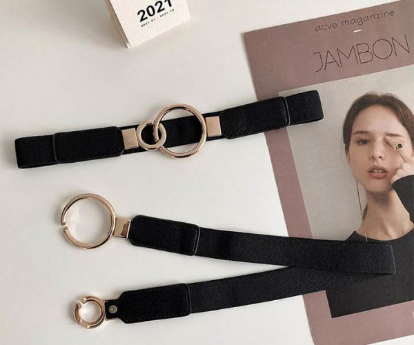 Women'S Fashion Elastane Skinny Belts Rose Gold Clamp Round Shape Buckle