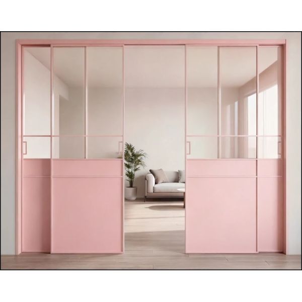 Custom French Retro Aluminum Sliding Door, Pink Hanging Rail Linkage Door for Living Room Partition Balcony