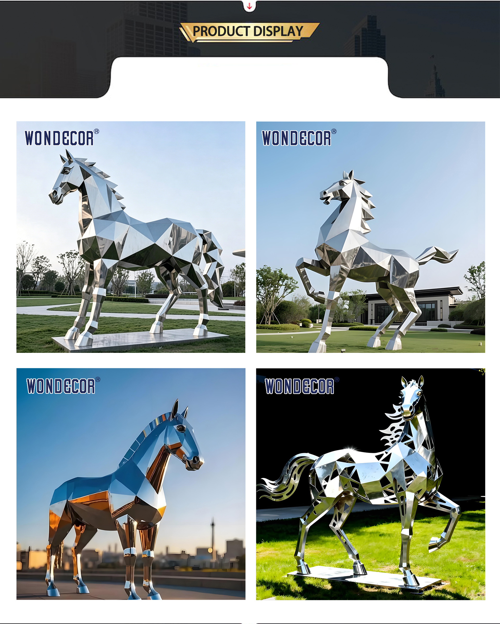 Large Mirror Stainless Steel Geometric Faceted Horse Sculpture for City Park & Industrial Park Landscape