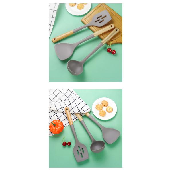Silicone Kitchen Three-piece Set Heat Resistant Shovel Non-stick Spoon Wooden Handle