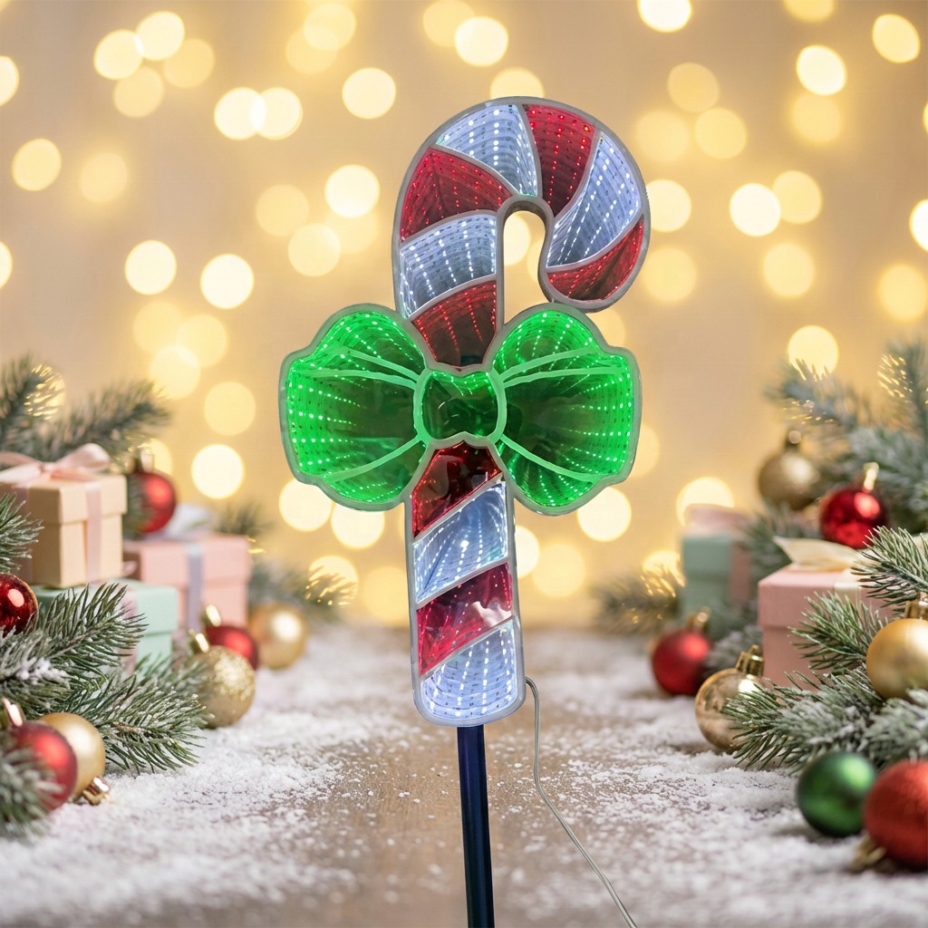 15 Inch Candy Cane 3D Infinity Mirror Remote Control Ground Stake Christmas Pathway Lawn