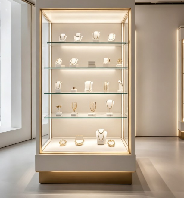 Custom Luxury Floor Standing Jewelry Display Cabinet LED Lighted Tempered Glass 4-Tier Showcase Gold Trim Modern Retail GZowin
