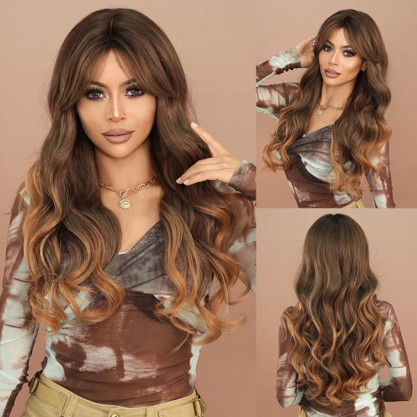 Fashion Long Body Wave Highlighted Hair Brown/Blonde Synthetic Wigs For Women