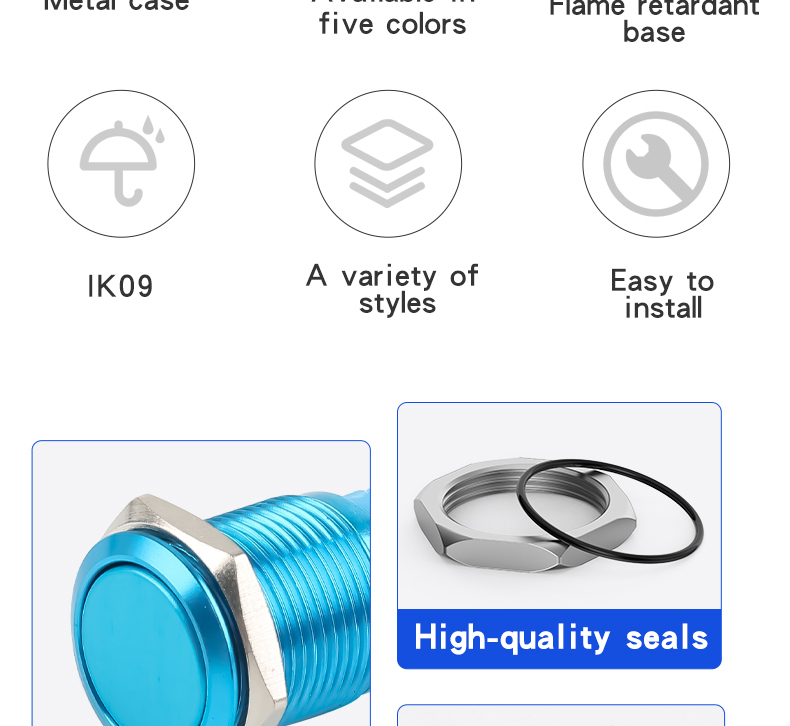 16mm Full-Oxygen Color Metal Push Button Switch 1NO1NC Self-Resetting and Self-Locking Red Green Yellow Blue Black 3-Pin