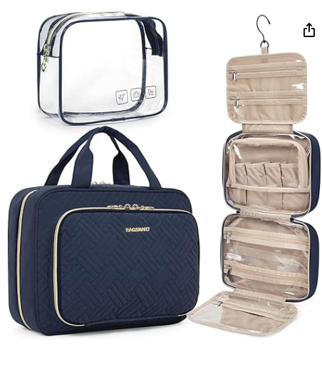 BAGSMART Toiletry Bag Hanging Travel Makeup Organizer with TSA Approved Transparent Cosmetic Bag Makeup Bag for Full Sized Toiletries, Medium-Black