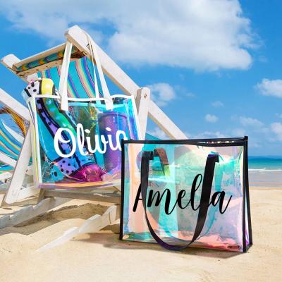 Wholesale Custom Rainbow Color Laser Shopping Bag Holographic Iridescent Jelly Clear PVC Tote Bag Popular Fashion Beach Accept Shiny Reusable Hologram Clear Laser Transparent Pvc Tote Bag