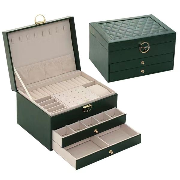 Luxury Green Pu Square Jewelry Cases With Two Drawers For Jewelry Set Gift