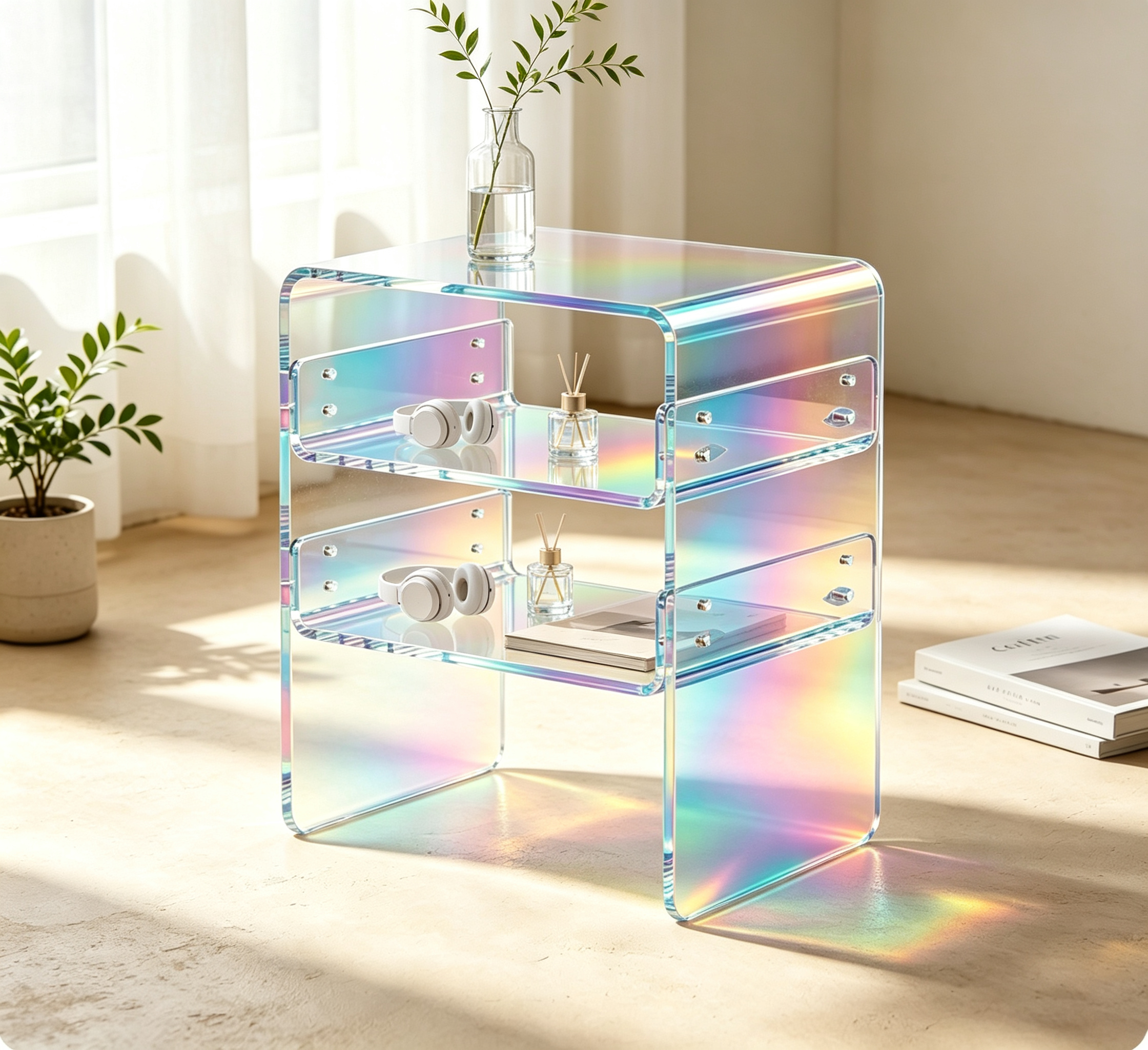Clear Acrylic Nightstand 2 Tier Open Storage Side Table Modern Transparent End Table for Bedroom Living Room Decor