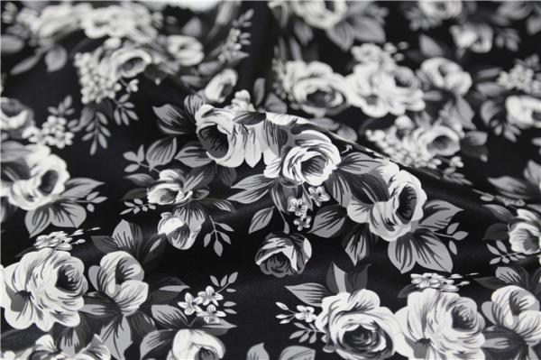 Black and White Camellia Flower  Printed PU Leather With 100% Viscose Backing Fabric