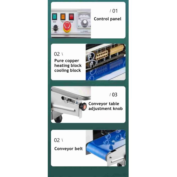 Automatic Continuous Band Sealer with 18m/min Sealing Speed 0-300℃ Temperature Range and 10mm Sealing Width