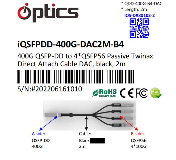 400G QSFPDD to 4x100G QSFP56 Breakout (Direct Attach Cable) Cables (Passive) 2M 400G QSFPDD DAC