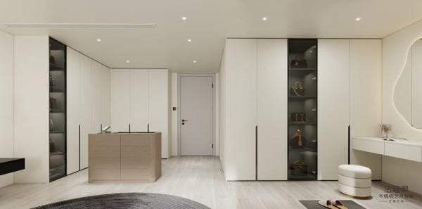 Fadior Elegant Stainless Steel Walk-In Closet With Wood Grain Island And Multiple Storage Solution