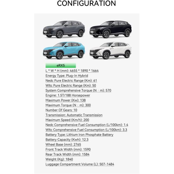 2022 ROEWE eRx5/ROEWE RX5 eMAX Dirección izquierda SUV híbrido Torque máximo N m 300 0km Coches usados Energía Vehículo eléctrico