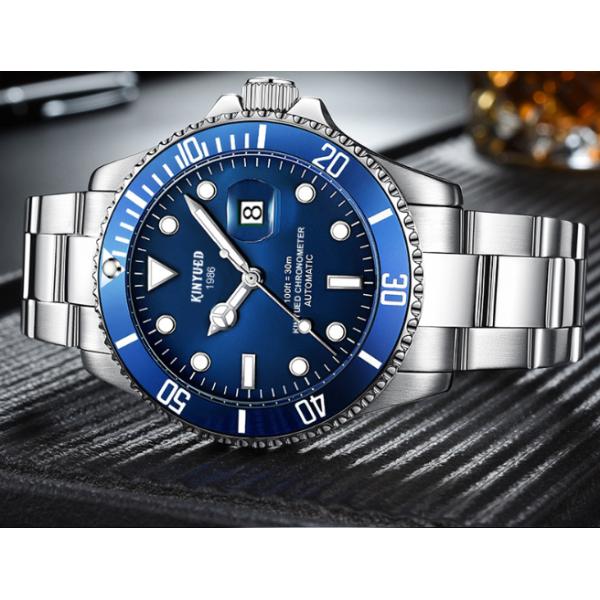 Luminous Silver Stainless Steel Mechanical Watch Blue Dial High Refraction