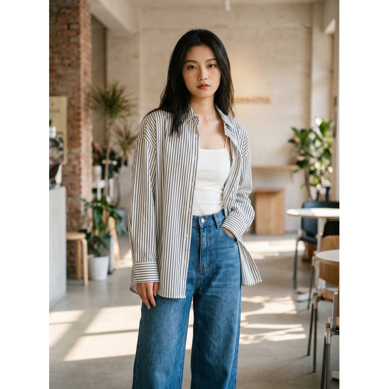 AntiWrinkle Oversized TC Fabric Charcoal White Stripe Shirt Fabric 120gsm