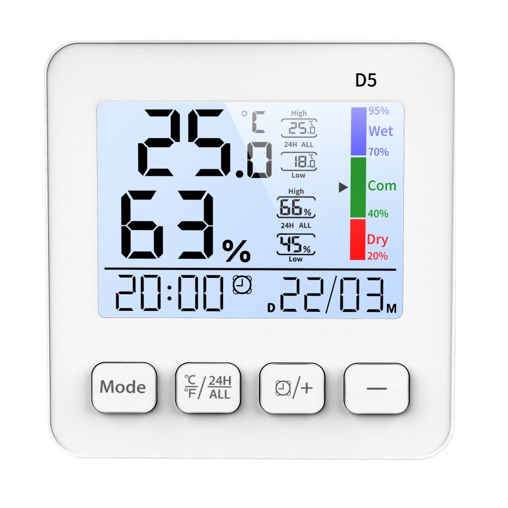 D5 Digital Thermo-hygrometer with Clock/Date Function, Memory of MAX/MIN Values, and Backlight LCD Display