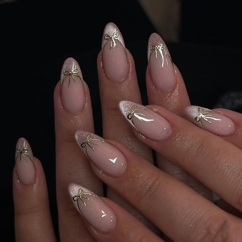 Bow Long Almond French Tip Press On Nails Cat Eye Design