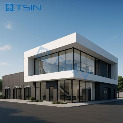 Edificio moderno de estructura de acero de uso mixto para oficinas y talleres con panel sándwich