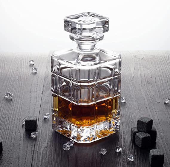 Round Glass Stopper Bourbon Whiskey Bottle for Cosmetics Engraved Design 30oz Capacity