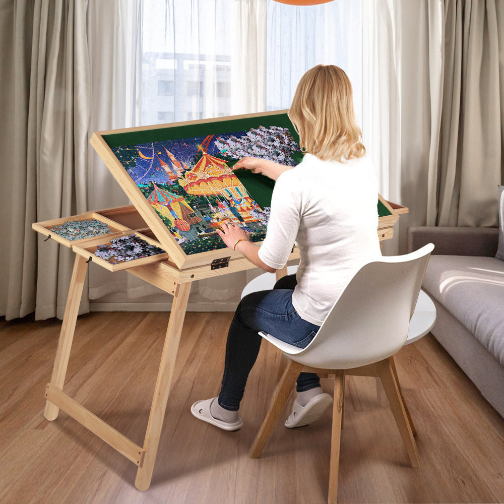 Puzzle Board Cover Wooden Folding Drawers Jigsaw Puzzle Table with Legs 1500pcs AJUNION
