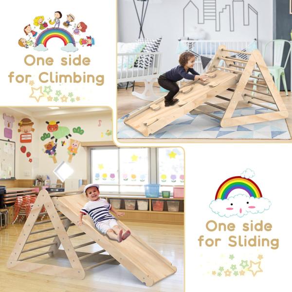 Unisex Wooden Climbing Triangle Ladder With Ramp and Stained Finish for Toddlers