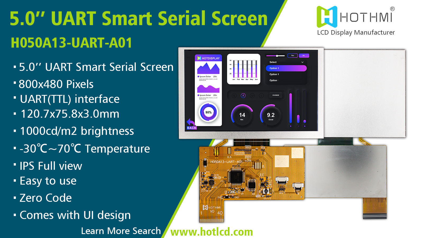 5,0 солнечный свет экрана дисплея дюйма умный серийный 800x480 UART TFT читаемый