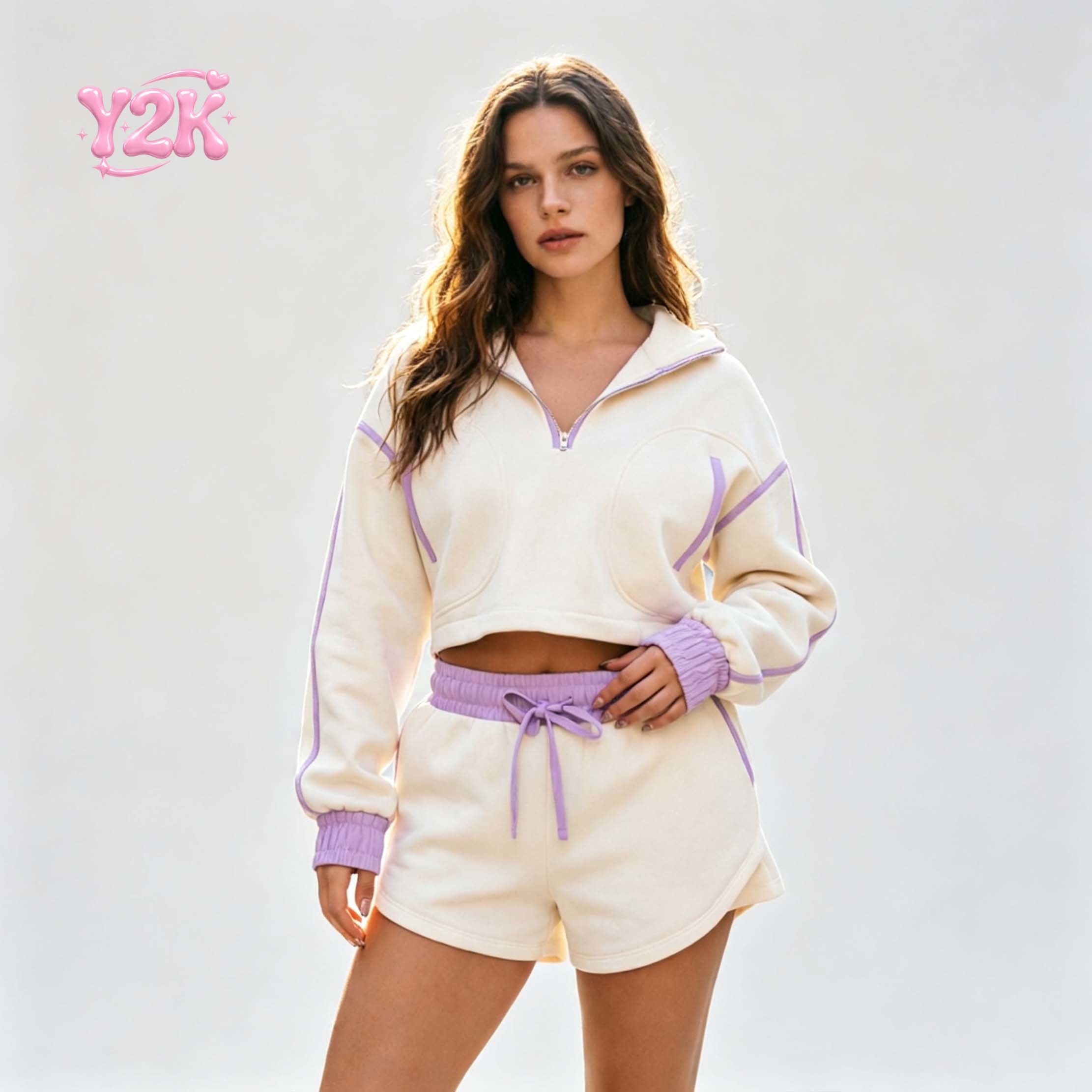 Custom Women's Quarter Zip Cropped Hoodie & Shorts 2pc Set