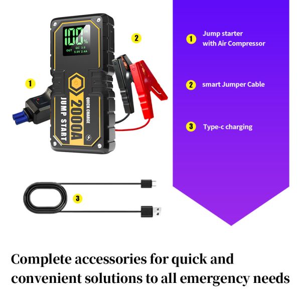 Portable Car Jump Starter with 600A Peak Current, 16,000mAh Power Bank and 7-Layer Protection for Emergency Boosting
