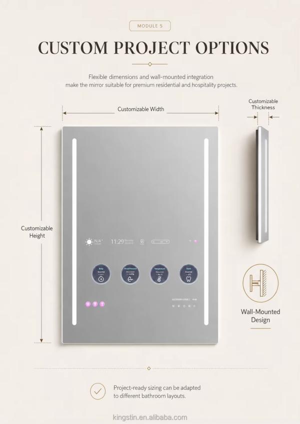 Custom Smart TV Bathroom Mirror with Android Touch Display, WiFi, Bluetooth and Side LEDs for Hotels,