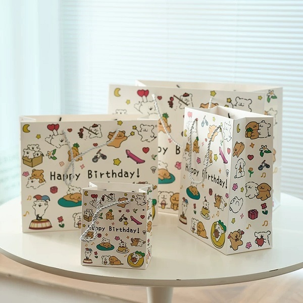 Cute Cartoon Birthday Gift Paper Bags with Twisted Rope Handles