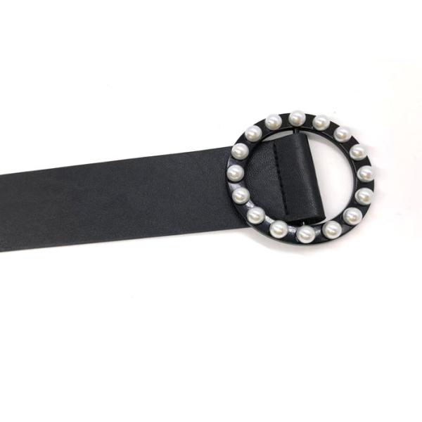 Black Women's Fashion Leather Belts With Round Pearl Buckle 4.5cm Width