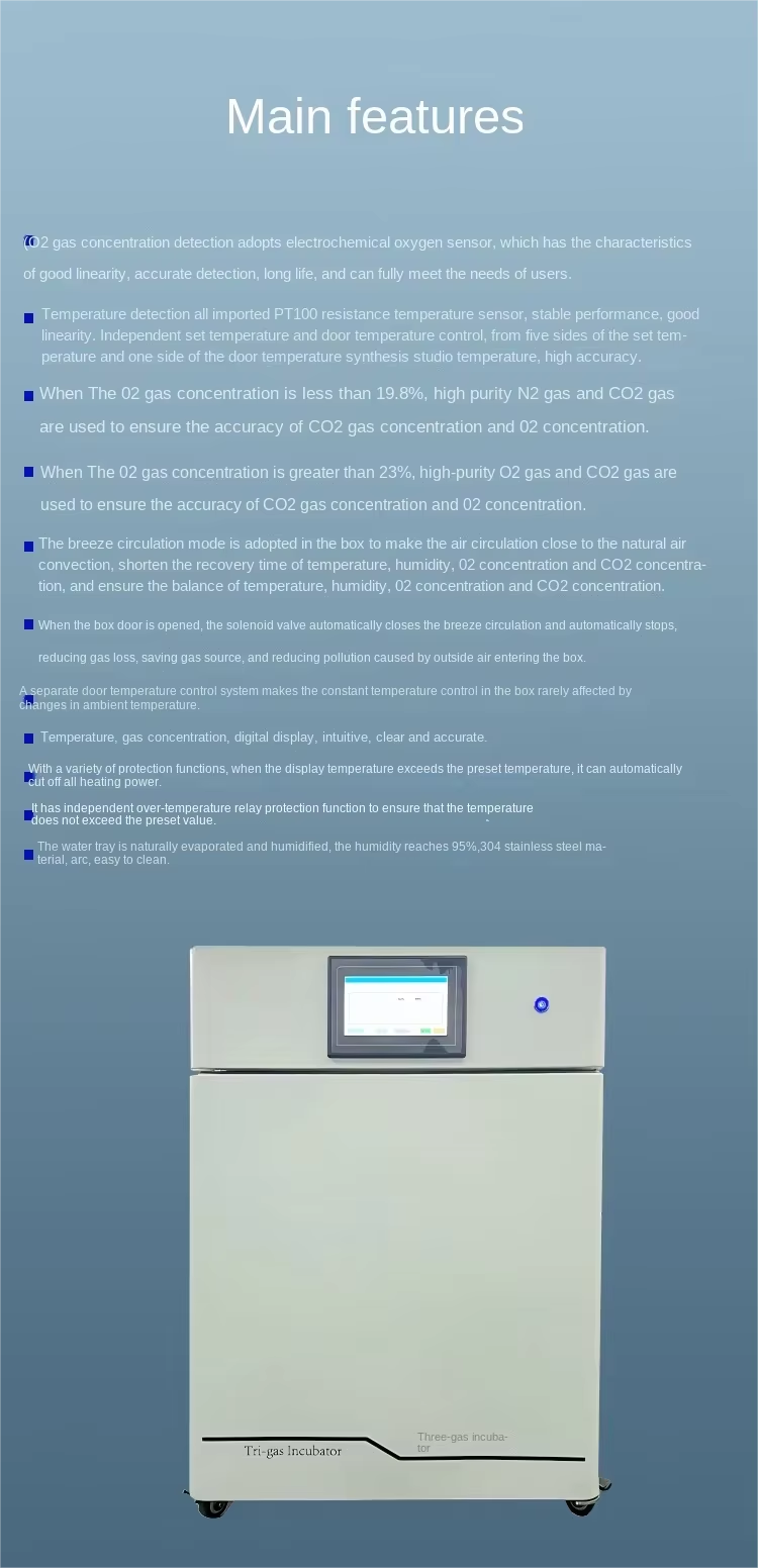 Professional 50L-200L Laboratory Tri-gas Incubator O2 Control 1-95% CO2 Control 0-20%Temp Range Rt+3~60°C for Cell Culture