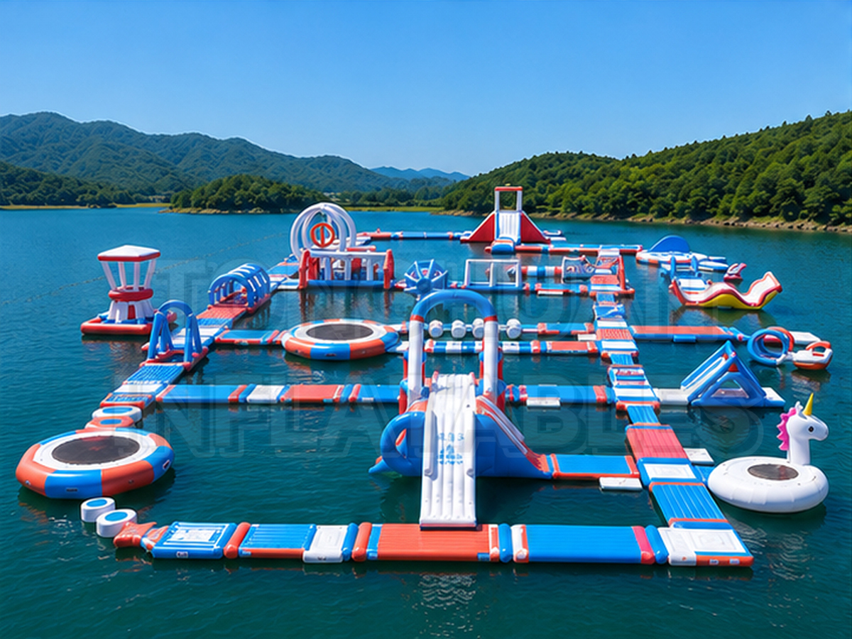 Custom Modular Inflatable Water Park with Floating Walkways Slides Trampolines and Balance Obstacles for Lakes Resorts Beaches and Commercial Recreation Projects