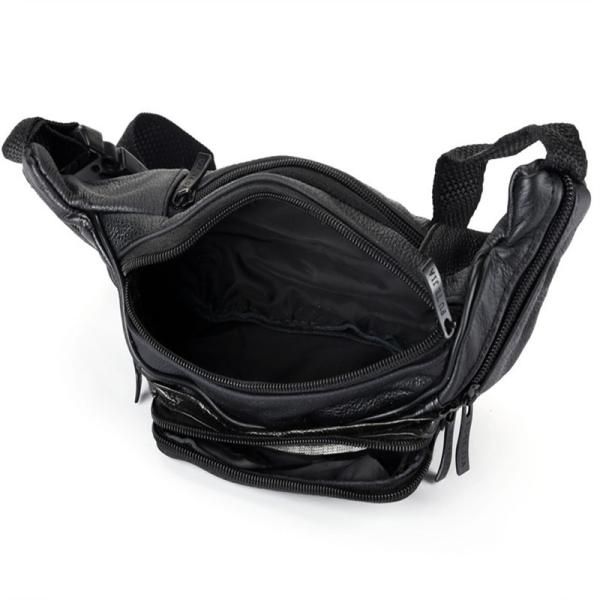 Black Men Leather Travel Waist Bag Lining 210 D 4 Zipper Pocket Adjustable Strap