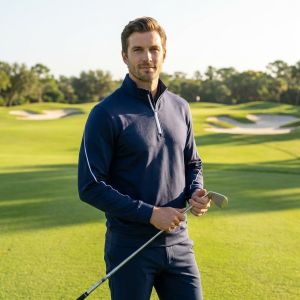 Custom Logo Navy Blue Knitted ODM 100% Cotton Tracksuits for Men 2-Piece Set